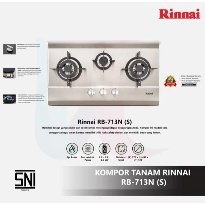 Rinnai Kompor Gas Tanam 3 Tungku Stainless Rinnai RB-713N (S) / RB713NS