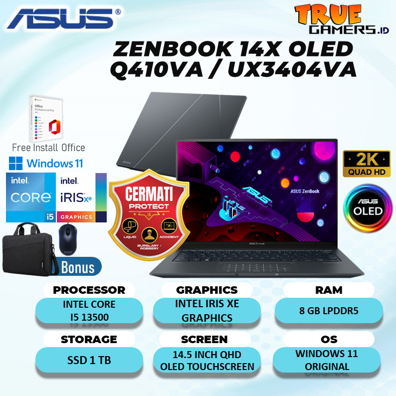 LAPTOP ASUS ZENBOOK 14X OLED TOUCH Q410VA intel evo I5 13500 8GB 1TB SSD WINDOWS 11 14.5QHD 2.8K OLE