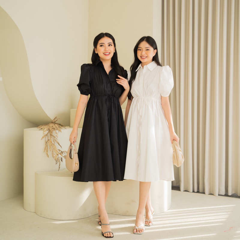 Lilybelle Fujita Dress Midi Poplin Lengan Puffy Pinggang langsing