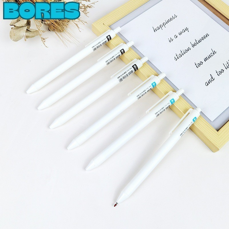 BORES Pena Cetekan Polos Putih Pena Gel 0.5mm Pulpen Warna Tinta Hitam Biru Alat Tulis Sekolah Kanto