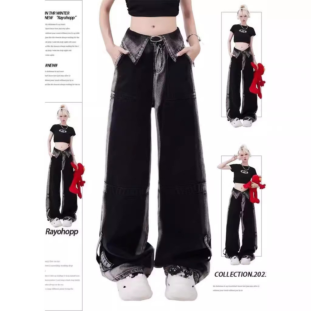 Jeans kontras desain kerah retro getaran Amerika wanita high street dopamin mengenakan celana panjan