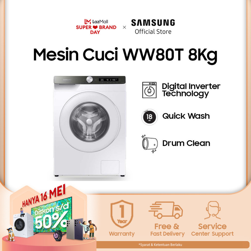 Samsung Mesin Cuci Front Load 8Kg dengan Ecobubble™, AI Control Pencucian Cerdas, Membersihkan Baju dengan Higienis, Digital Inverter Teknologi, Hemat Energi, Garansi Resmi, Samsung Official Store - WW80T504DTT/SE