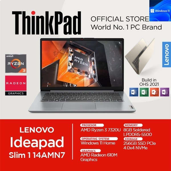 Lenovo Ideapad Slim 1 Ryzen 3 7320 8GB RAM 256GB SSD Windows 11 OHS 14 inch FHD Laptop 14AMN7