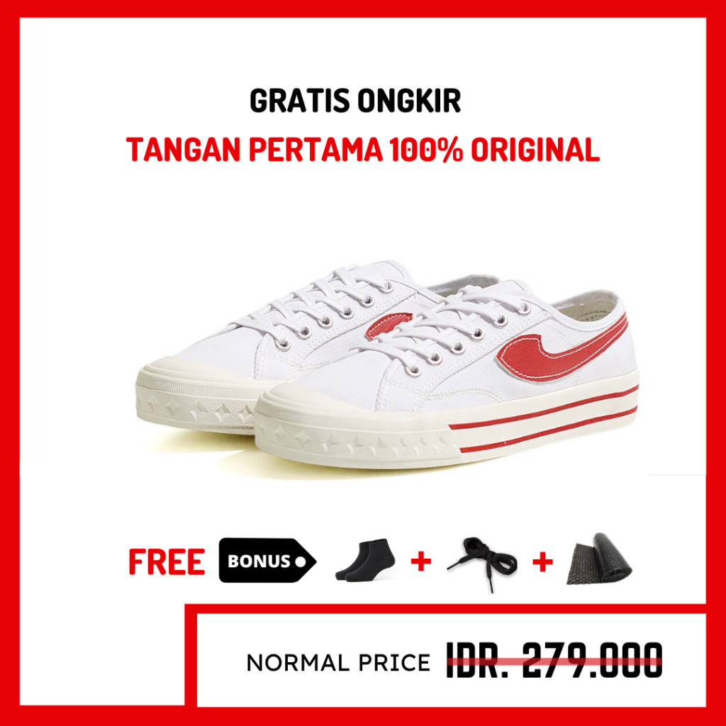 ORIGINAL - Sepatu Brand Lokal Kasual Pria Wanita No Brand White Red Low Not Sneakers Compass Retrogr