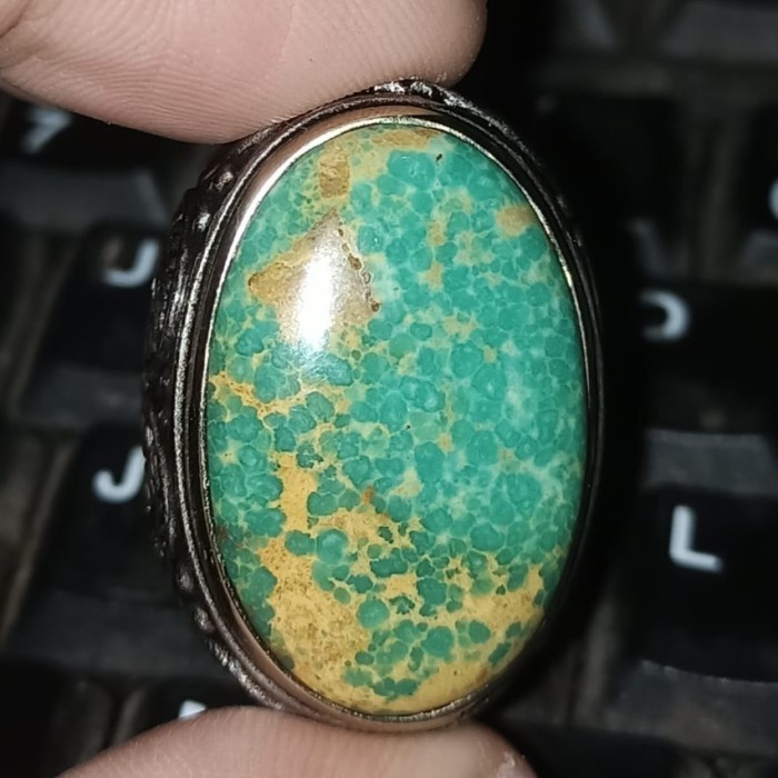 Cincin Batu Akik Natural Turquoise Pyrus Pirus Persia Iran Hijau Ijo Green Lawas Urat Emas Ceplok Ku