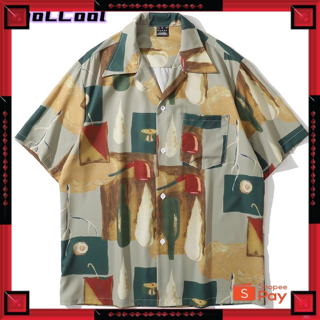 [PREMIUM ORIGINAL] COD New Fashion Geometris Saku Hijau Oversized Shirts Kemeja Kasual Lengan Pendek