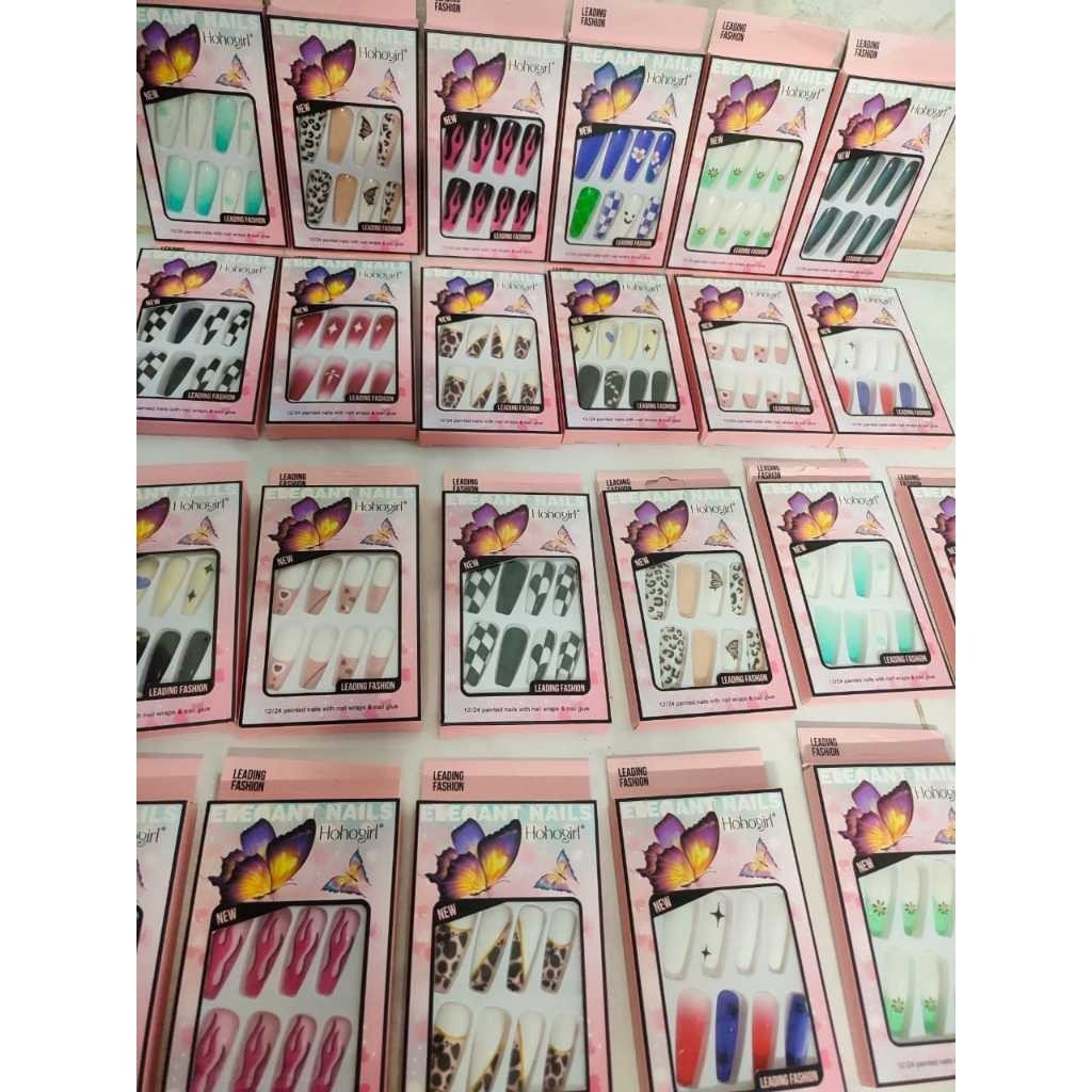 BISA COD. Kuku Palsu Model Panjang 12pcs dan Lem Kuku - Nail Art 3D Kuku Palsu Aesthetic Tahan Air (