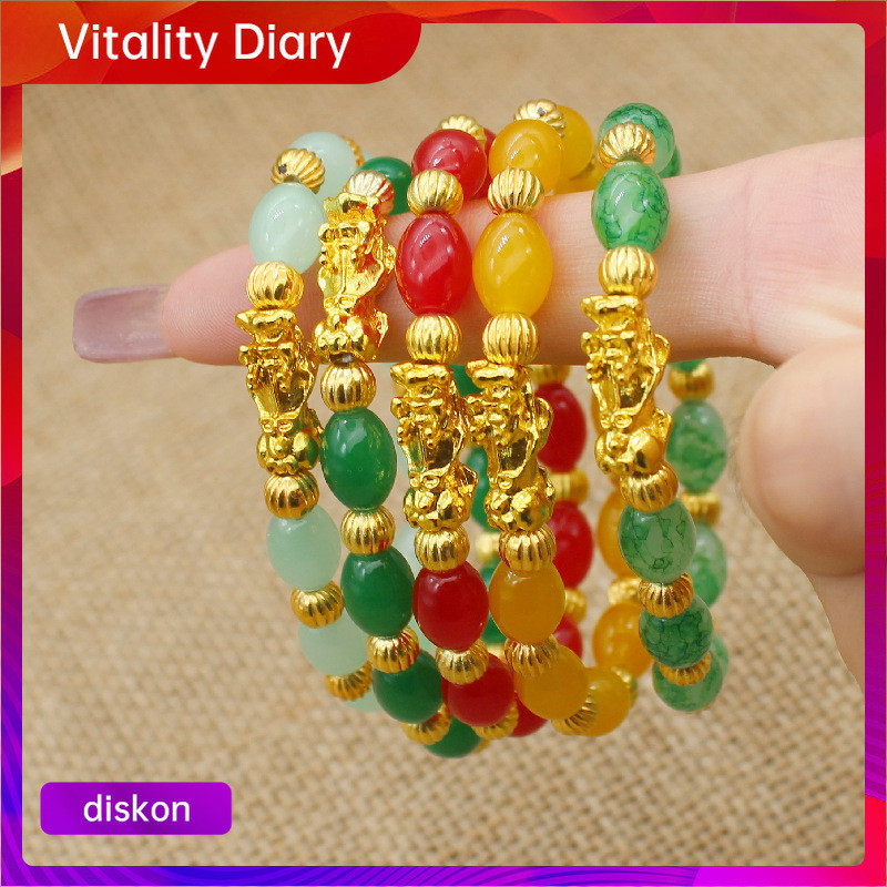 COD Gelang Batu Akik Giok Hijau Oval Wanita Gelang Manik-manik Emas Keras Emas Pixiu Mengundang Kebe