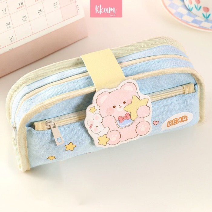 

✨LARIS✨ -Tempat pensil anak murah anti air kanvas/ Kotak pensil 2 risleting - Blue