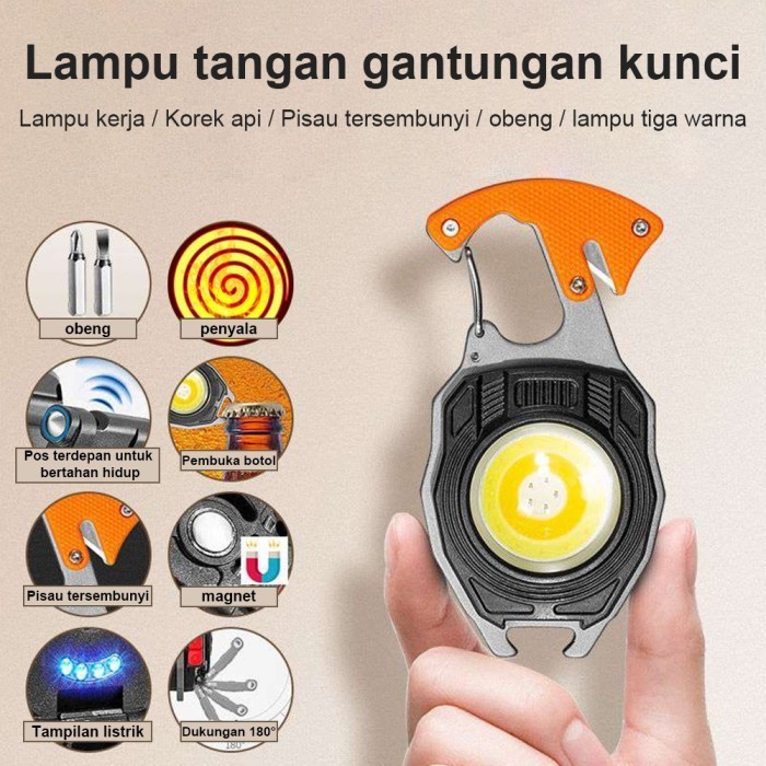 EDC Senter Emergency korek Elektrik Peluit Obeng SOS Pemotong Tali Pembuka Botol Can Siul 12in1 Multifungsi 12 IN 1 Buckler Senter LED COB 500 Lumens 6 mode cahaya Multi Fungsi Outdoor Keychain Lighting Camping Recharge W5147