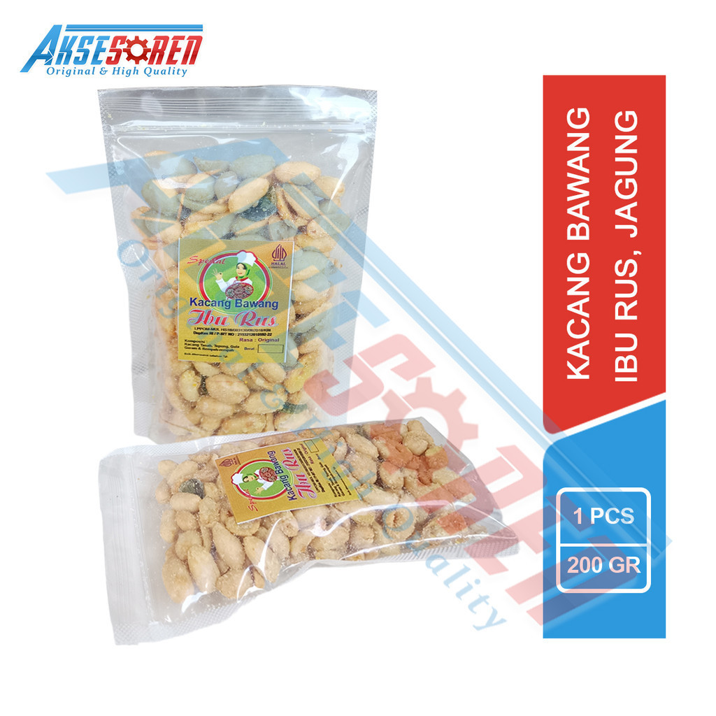 

Aksesoren Kacang Bawang Ibu Rus [Rasa Jagung/200gr] / Kacang Goreng Cemilan Gurih Asin Kemasan Pouch 200 Gram