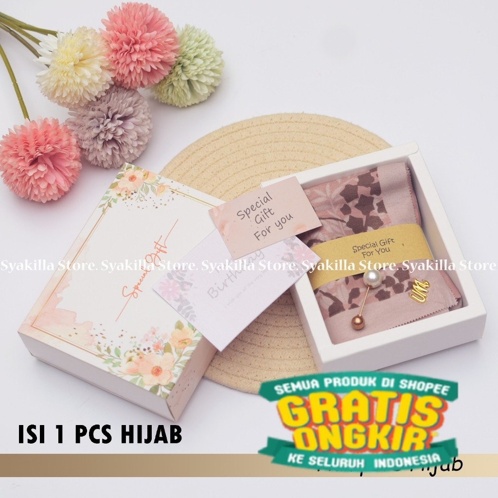 Hampers Hijab Segi Empat Umama Motif metal logo isi 1 pcs | Giftbox Kado Guru,ulang tahun,wedding,le