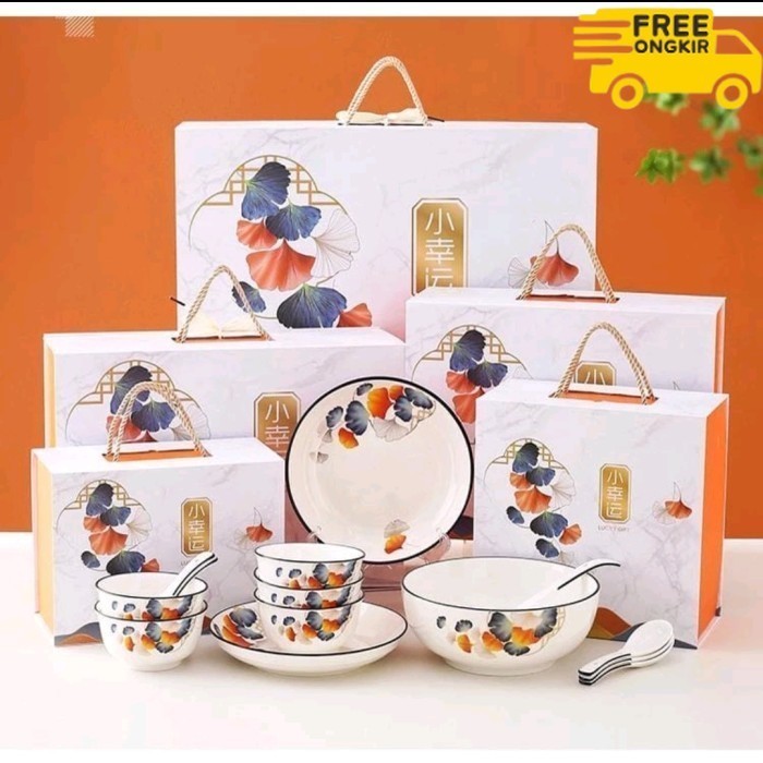 

✨LARIS✨ -Luxury Gift Mangkok Piring Keramik Ginkgo Set / Hampers Plate Bowl Set
