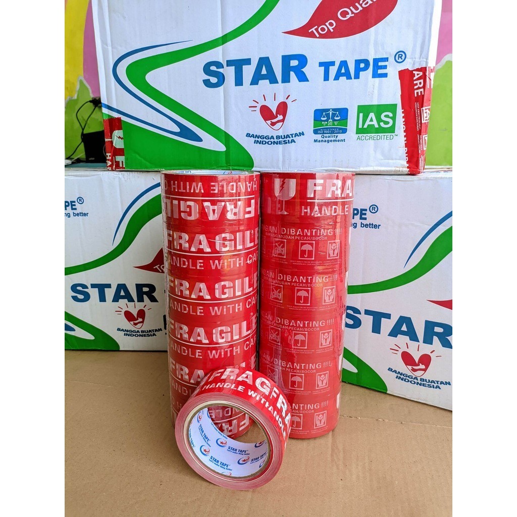 

Lakban Fragile Merah 48mm x 90Yard, Lakban Fragile Merah OPP Lengket Kuat 1 Pcs