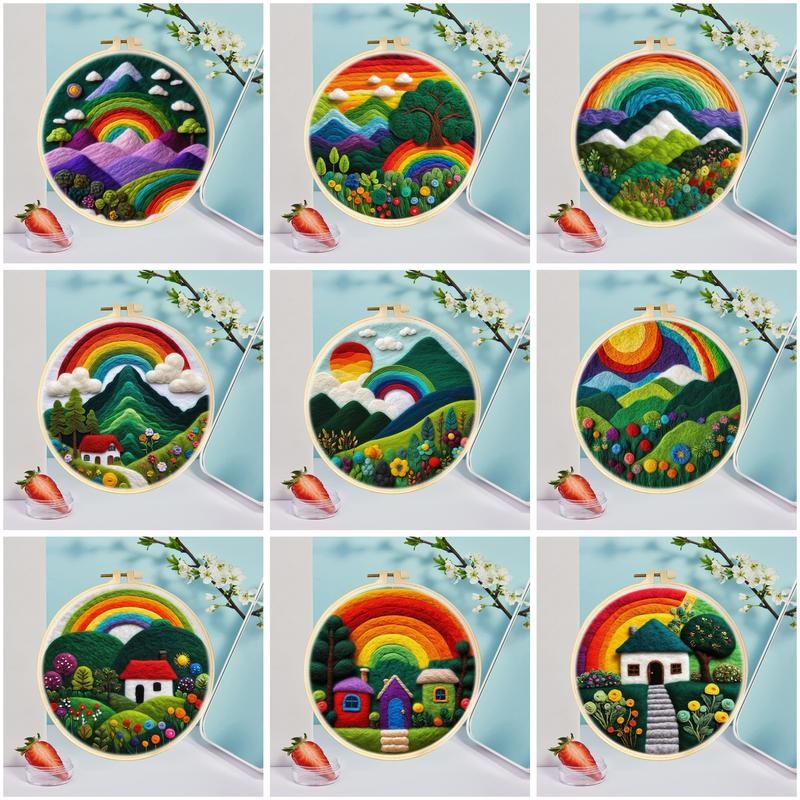 

CHENISTORY﻿ Wool Felting Painting Rainbow Scenery Mountain Needle Felting Painting Tree Kits Beginners Diy Handcraft Home Decor
