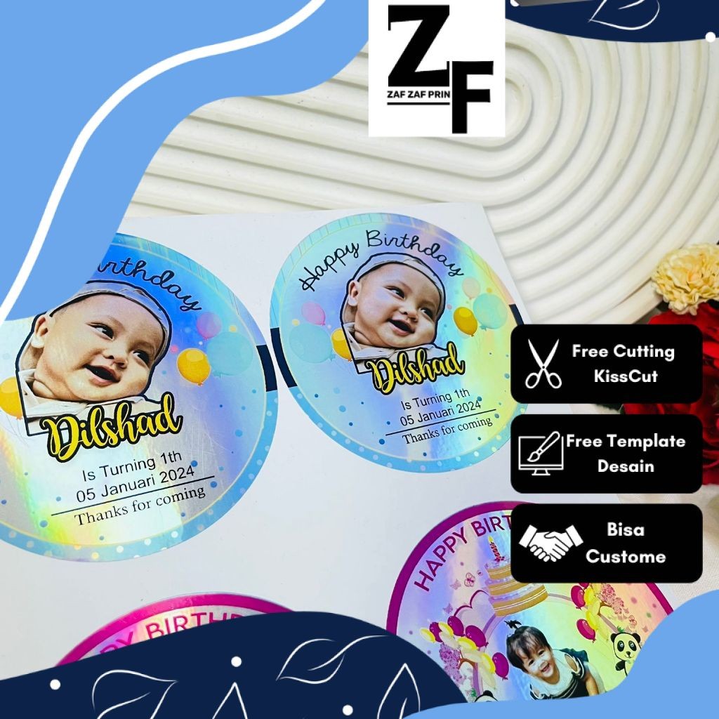 

ZAF 2-4 Sticker Undangan Ulang Tahun Anak Label Stiker Happy Birthday Bahan Hologram Anti Air