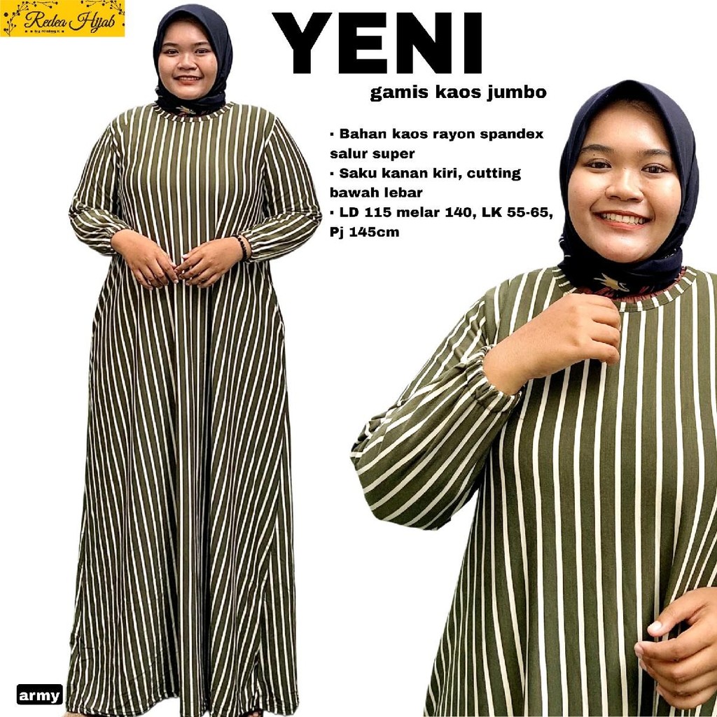 Yeni Gamis Wanita Jumbo LD 115 Melar 140 Maxy Bahan Kaos Rayon Spandex Salur Model A-Line Saku Lini