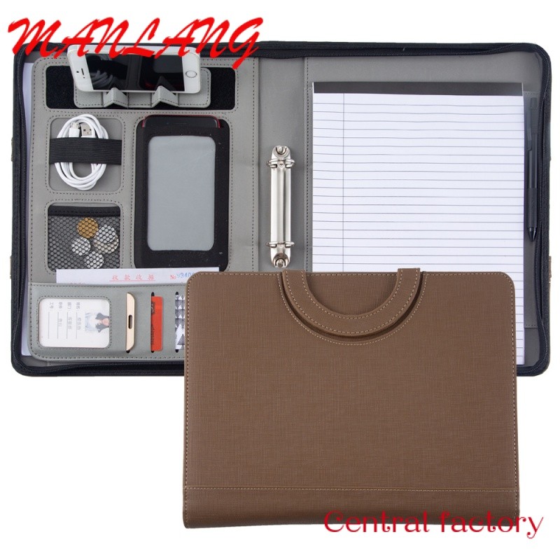 

1one New Arrival A4 Document Folder PU Leather Zipper Ring Binder Conference Bag Leather Briefcase Padfolio Portfolio with Ha