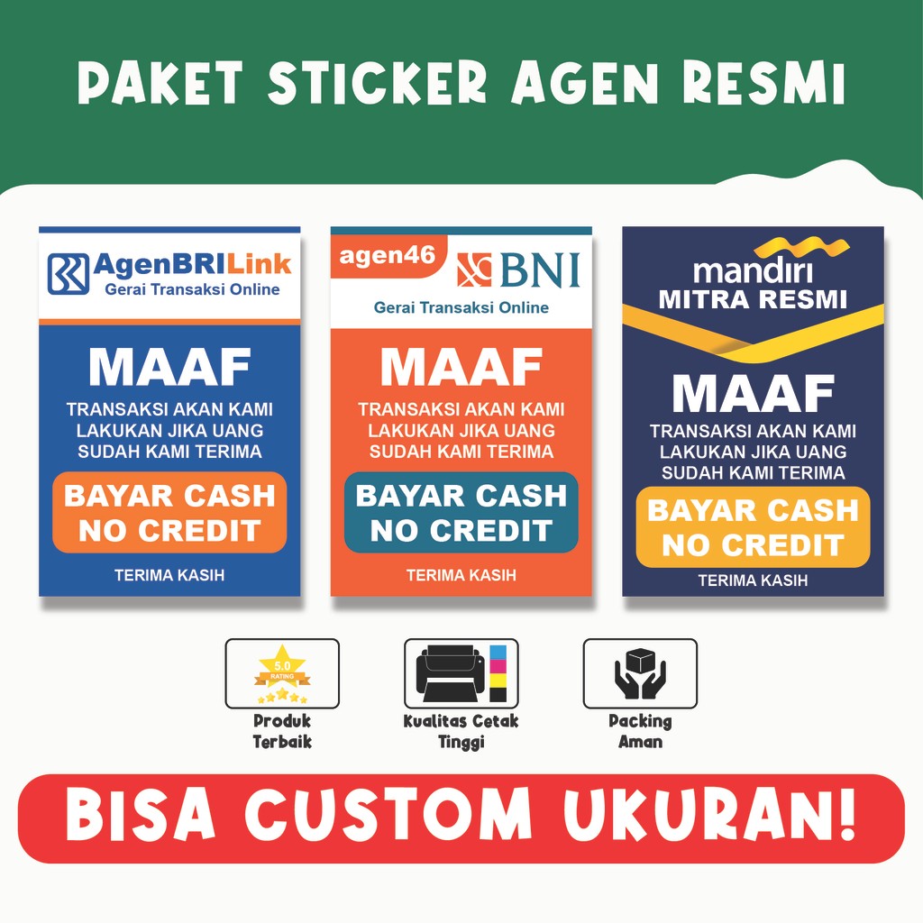 

Stiker Informasi Agen Perbankan untuk Transaksi Tunai Tanpa Kredit AGEN 46 BRILINK AGEN MANDIRI