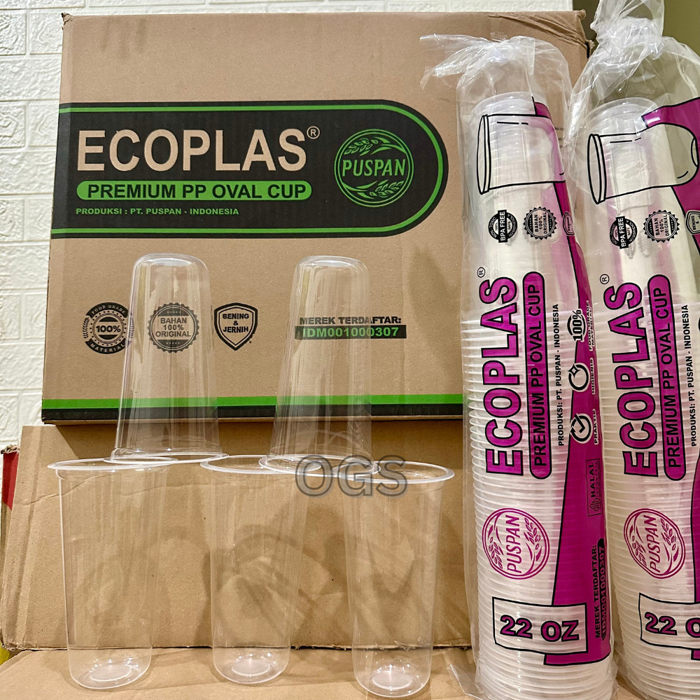 ( 1DUS ) Gelas Plastik Puspan Ecoplas 22oz Oval isi 50pcs 8gram / Gelas Oval Bening 22oz Oval