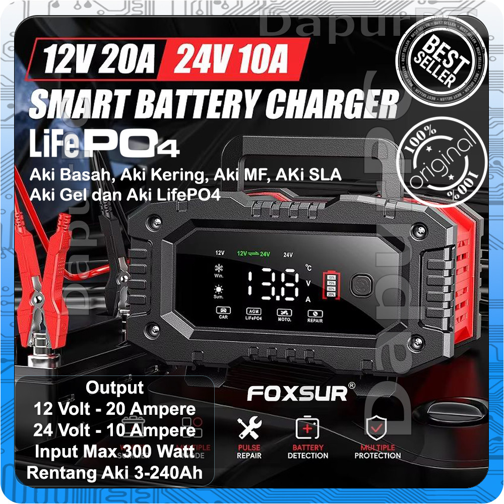 FOXSUR Smart Charger Aki 12V-20A 24V-10A 300W LifePO4 Mobil Motor