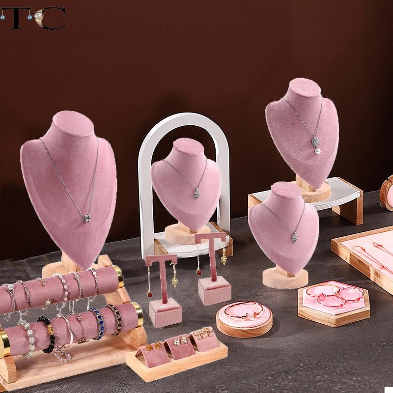 

New Solid Wood Pink Velvet Jewelry Display Stand Ring Earrings Bracelet Necklace Watch Pendant Storage Display Stand