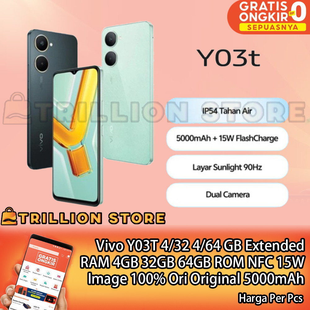 Vivo Y03T AI Dual Camera 4/32GB 4/64GB RAM 4 64 GB Android Smartphone 5000 mAh 15W Flashcharge Layar