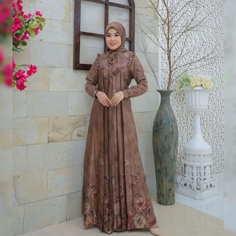 Lukah Store Gamis Aisyah Motif Set Hijab Dress Muslim Wanita Matt Armany Brown Terbaru 2025 Kekinian