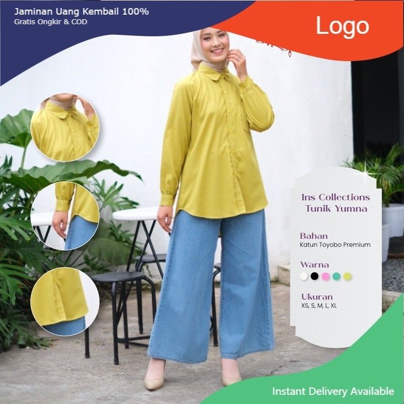 Atasan Kemeja Yumna Baju Atasan Muslim Wanita Casual Bahan Katun Toyobo Premium Warna Hitam , Putih 