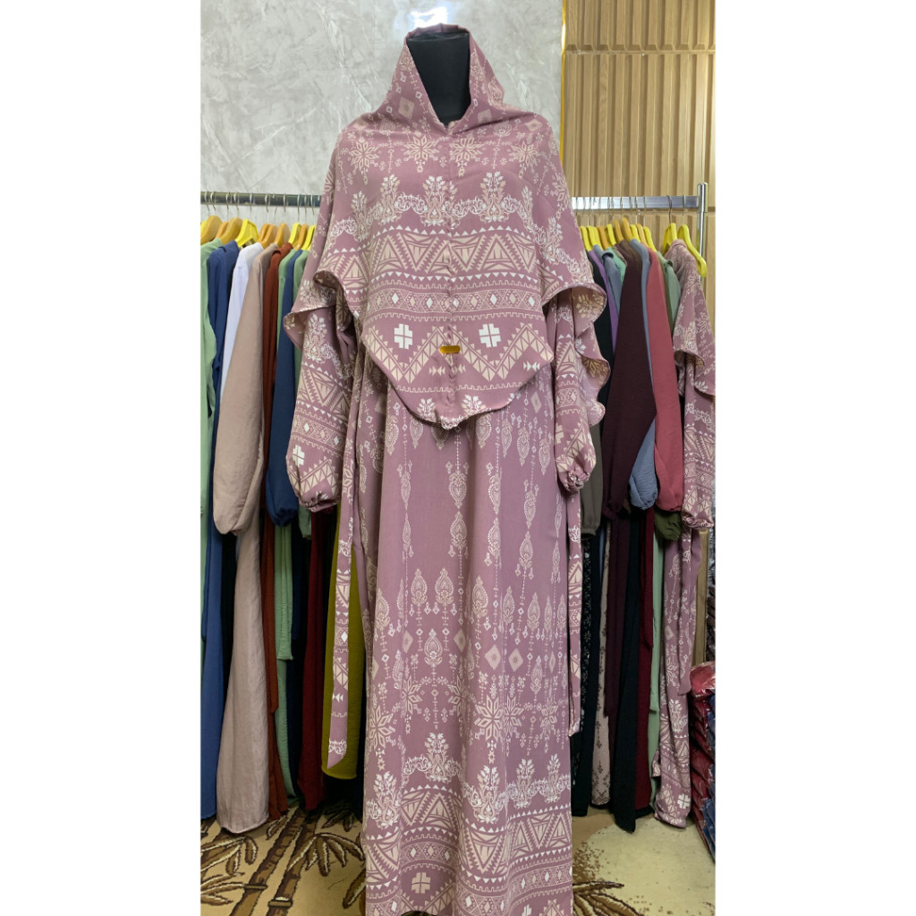 Layla Dress Gamis Kerudung Motif Bahan Crinkle Airflow Jumbo Premium Busui Friendly Remple Promo Idu