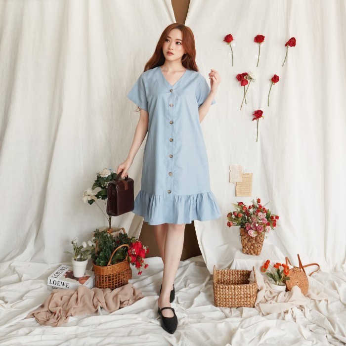 Terlaris ✨ -CAROLINE DRESS -- MIDI DRESS CASUAL LINEN - blue