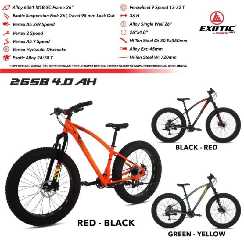SEPEDA GUNUNG MTB FATBIKE 26 INCH EXOTIC 2658 4.0 AH 18SP HIDROLIK NEW MURAH SURABAYA FAT BIKE ASLI 