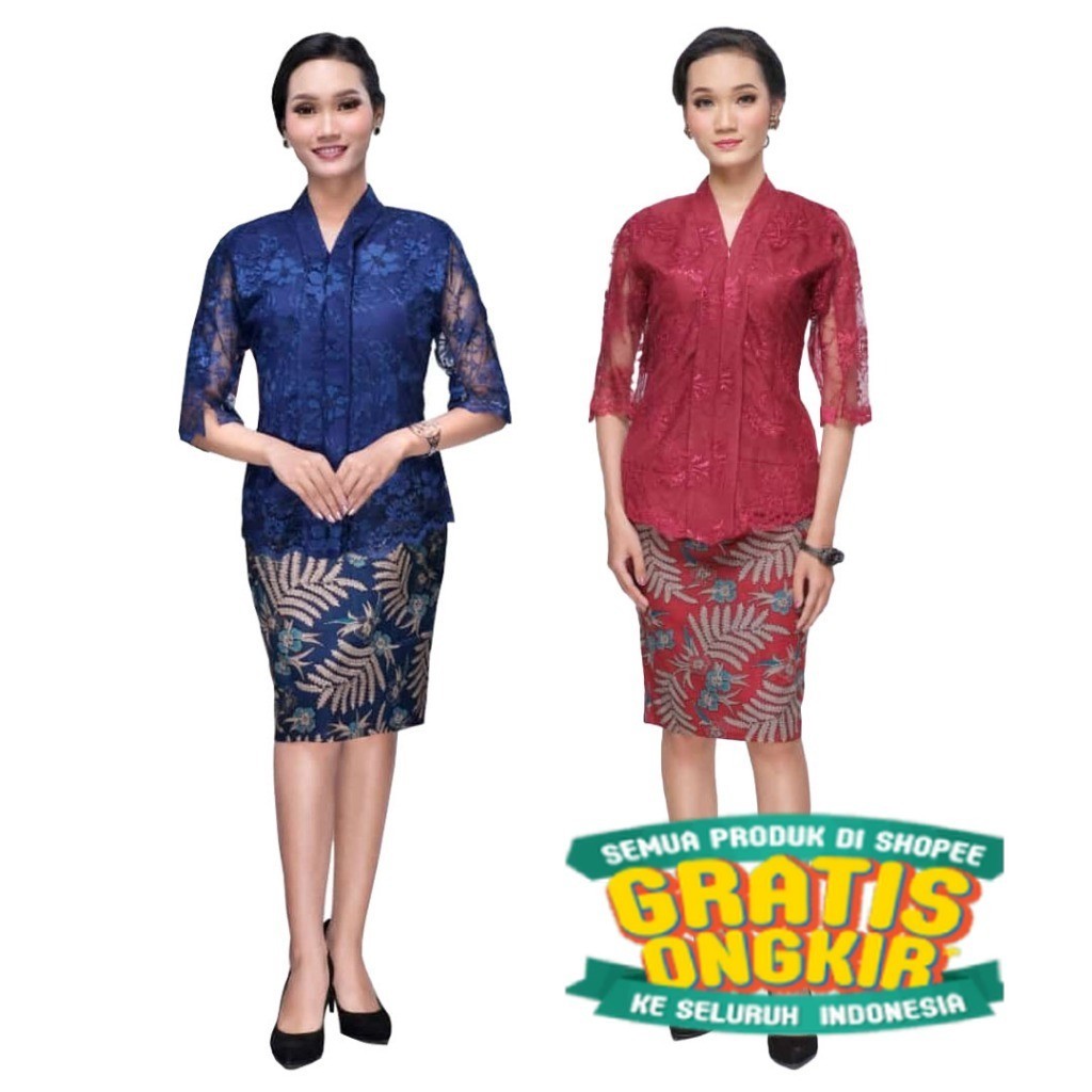 Baju Setelan Rok Batik Wanita Kebaya Brokat Rosita/ Menyala