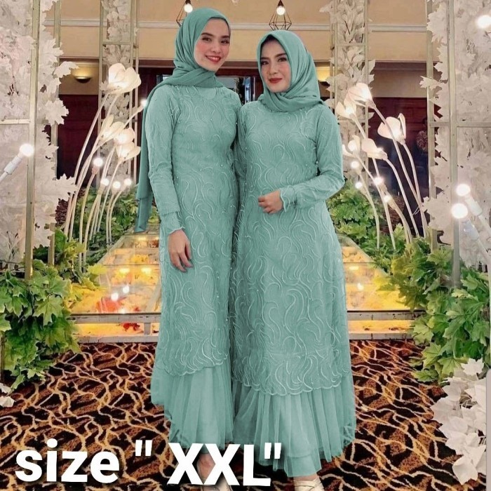 gamis genta mint xxl dress pesta brukat tile cantik murah v