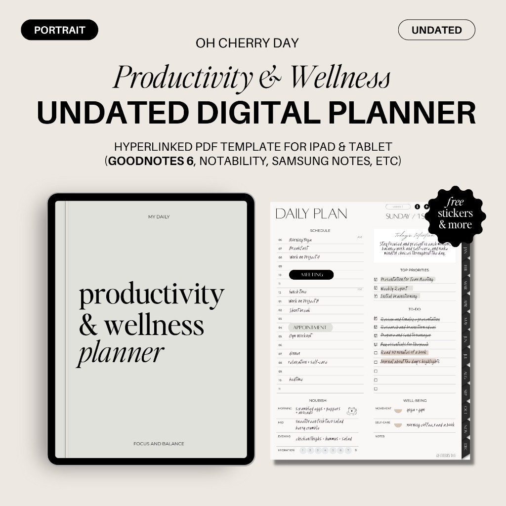 Undated Digital Planner untuk iPad / Tablet Android, Productivity Planner, Self Care Planner, Minima