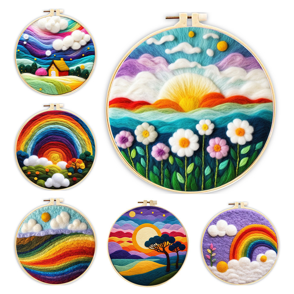 

RUOPOTY Wool Felt Painting Rainbow Scenery Felt Needle Kit Wool Burlap Set Crafts Supplies Adults Set For Handicraft Felting Kit