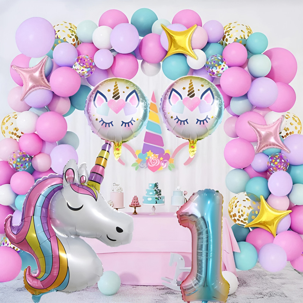 Set Balon Pelangi Unicorn Dekorasi Ulang Tahun Anak Perempuan Baby Shower Merah Muda Ungu Pesta Late