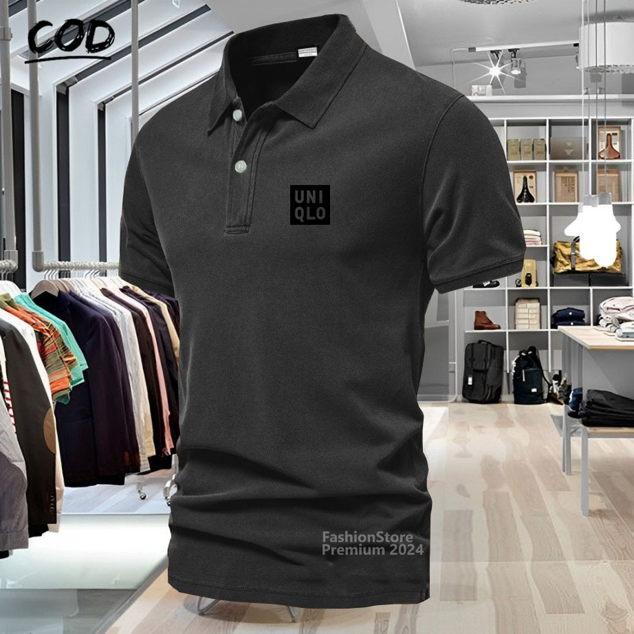 Baju Distro Polo Kerah Uniqlo + Lengan Text Hitam Kaos Polo T Shirt Denim Premium Quality Atasan Pri