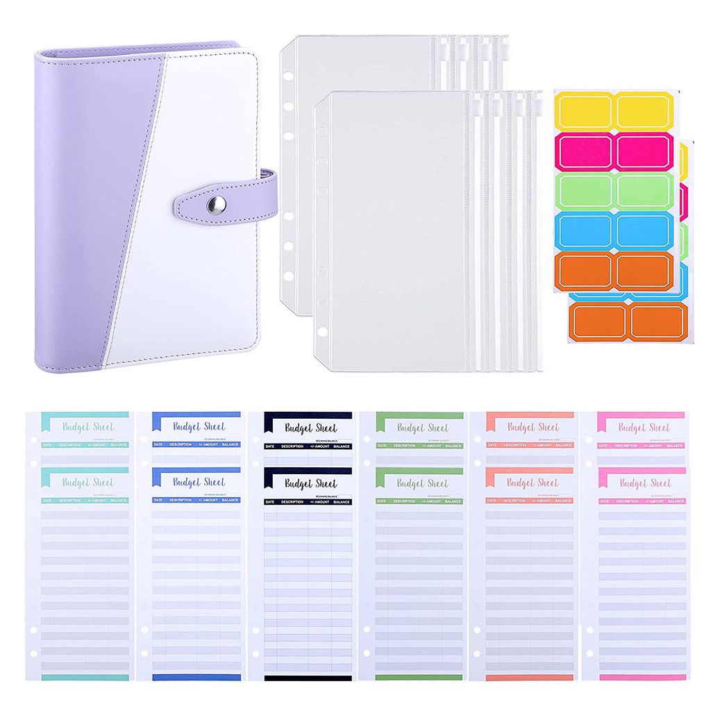 

A6 PU Leather Binder with 12 Budget Sheets 8 Binder Pockets for Money Saving Budget Cash Envelopes Organizer with Label Stickers