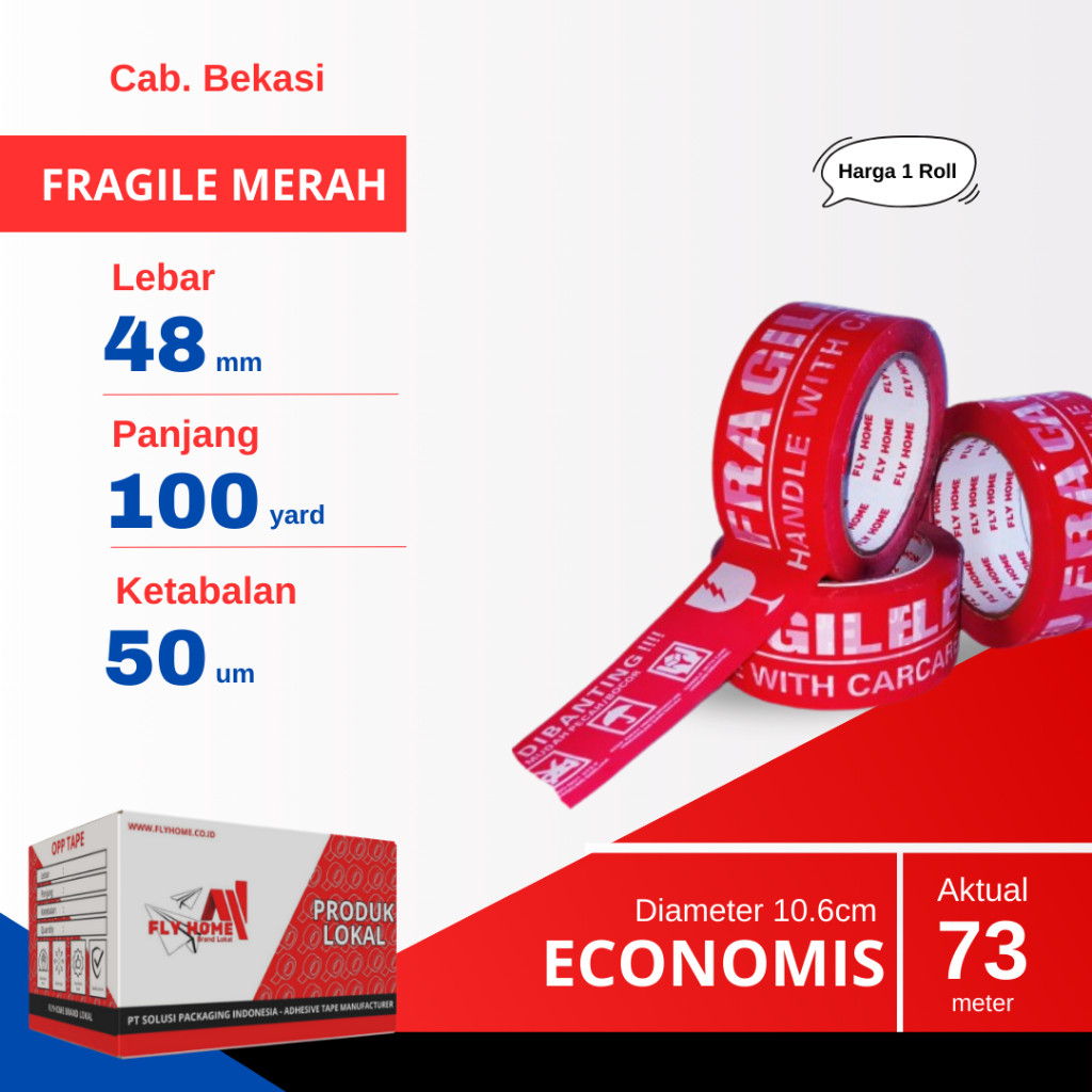 

FLYHOME 1Roll Lakban Fragile Merah 48x100Y 2inci Uk Besar ECO 100 Yard