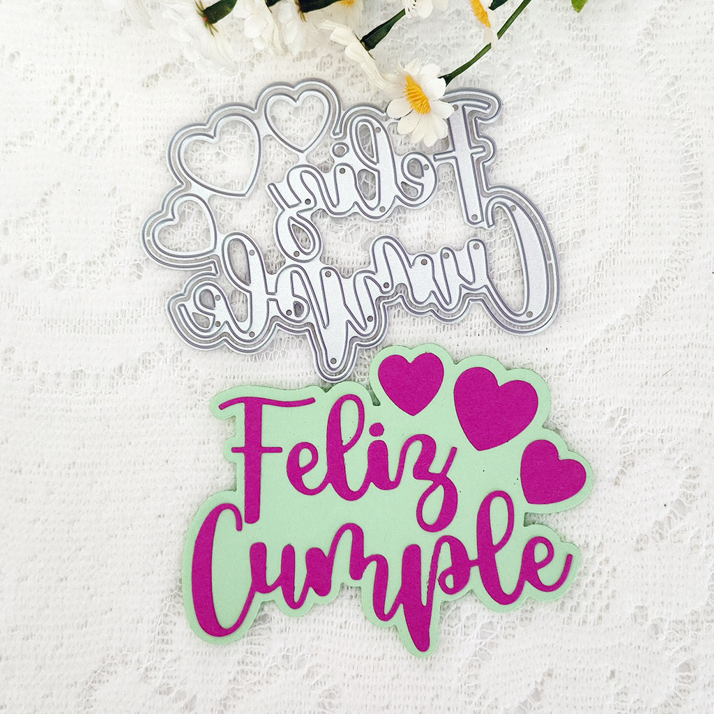 

Spanish Word Feliz Cumple Label Tag Heart Border Frame Wine Glass Metal Cutting Dies Stencils For DIY Scrapbooking Handcraft