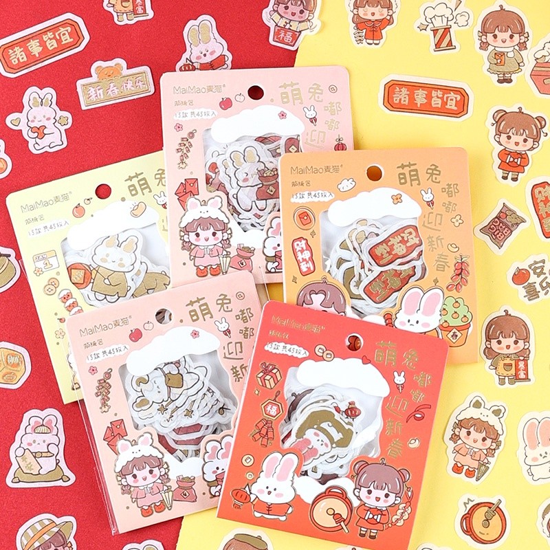 

45pcs label Kertas / Selotip Washi Gambar Kartun Kelinci Lucu