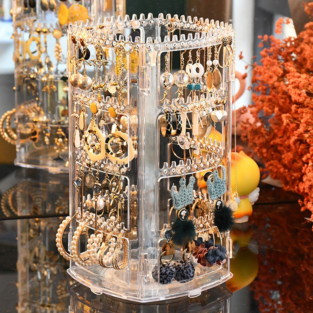 

360 Degree Rotating Jewelry Storage Box 2023 Earring Display Stand Plastic Earring Organizer Holder Showcase Jewelry Makeup Case