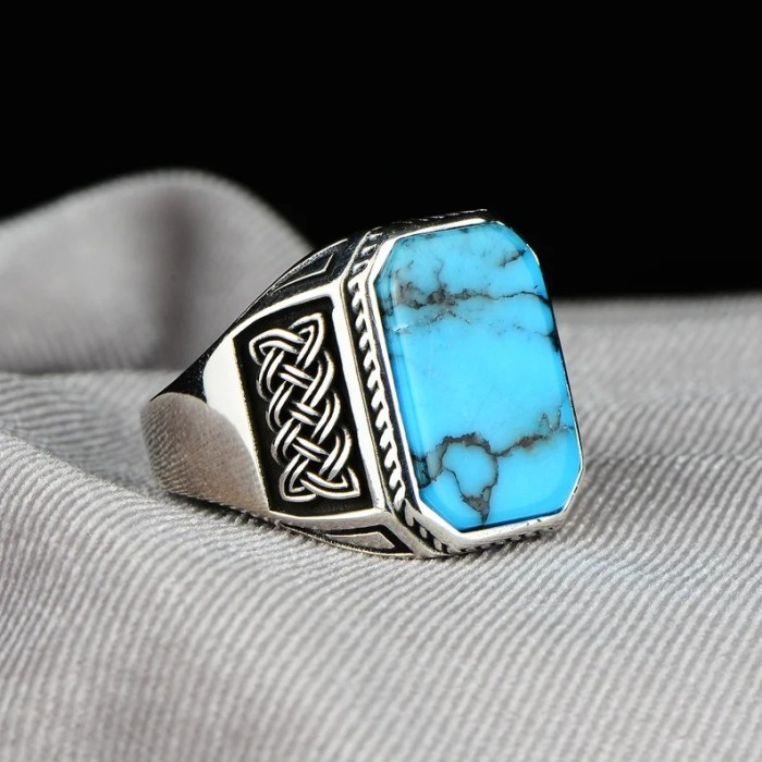 Cincin Segi 8 Persegi Mata Batu Mirip Pirus / Cincin Silver Kotak Persegi Batu Sintetis Biru Turkis 