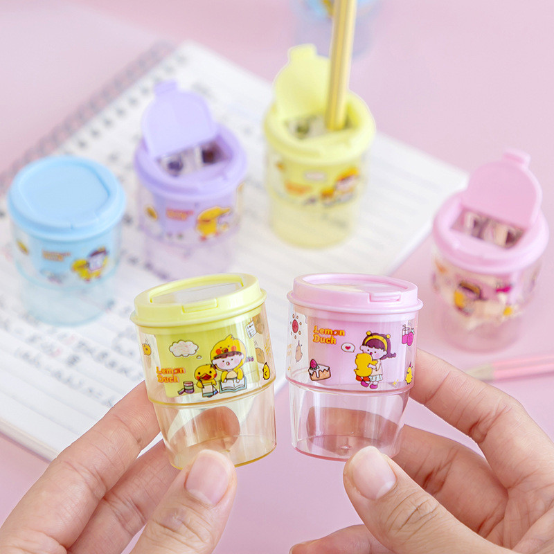 

Cartoon Cute Milk Tea Cup Pencil Sharpener Double Hole Flip Creative Transparent Sharpeners Elementary School Prize Stationery