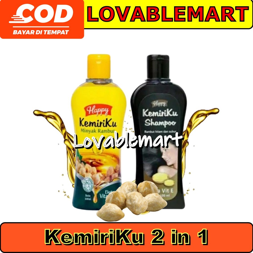 LOVABLEMART  2 item Happy KemiriKu Shampoo + Minyak Rambut Penghilang Uban Shampoo Kemiri Ubanan