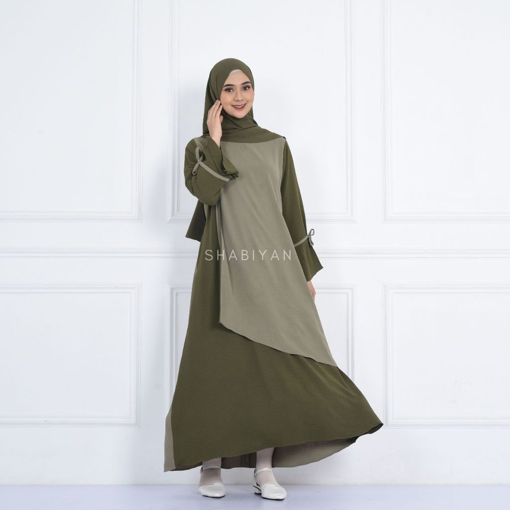 Shabiyan 525 Gamis Wanita Lebaran 2024 Polos Kombinasi  Crinkle Air Flow | Alfina BARU