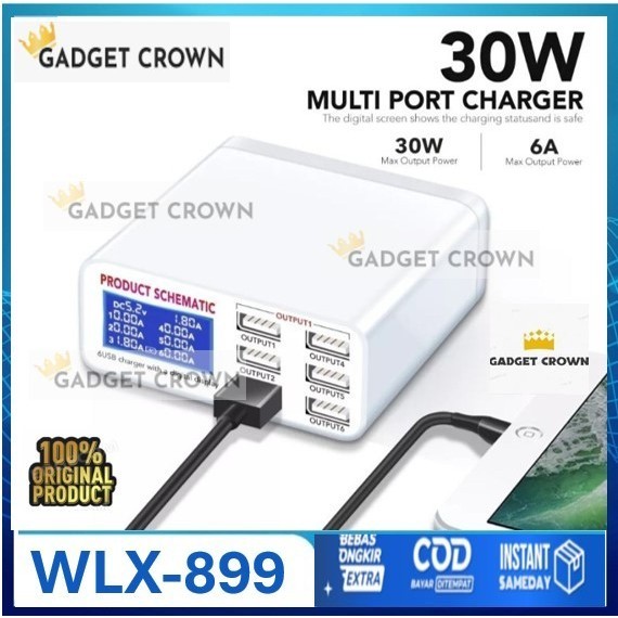 ADAPTOR SMART CHARGER 30W 6 PORT USB FAST CHARGING PRODUCT SCHEMATIC MULTI PORT DIGITAL WLX-899