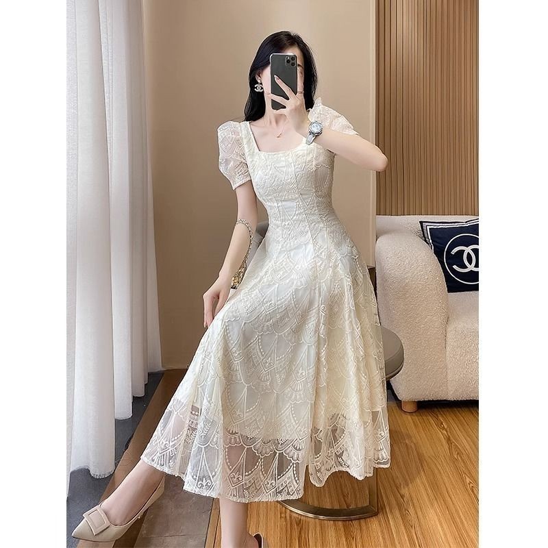 French retro style slim fit organza square neck long dress