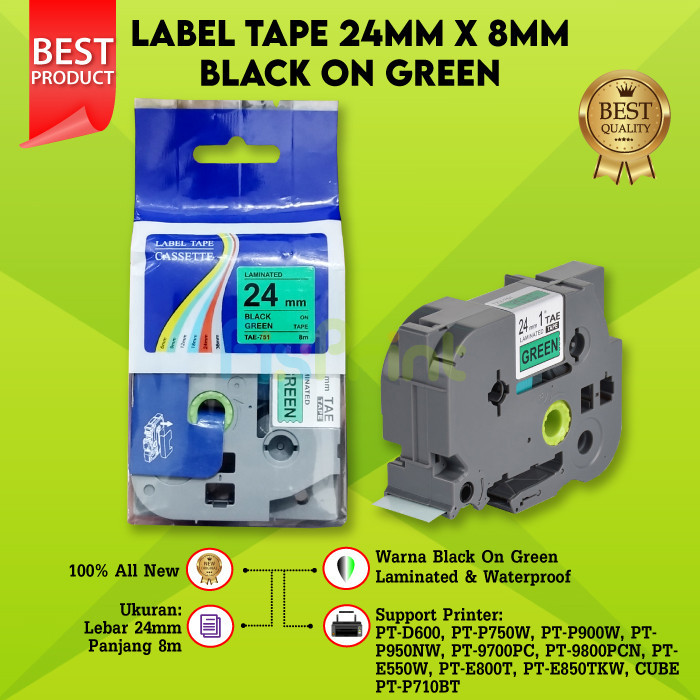 

Compatible Label Tape Black On Green 24mm TZE-751 Casette Laminated